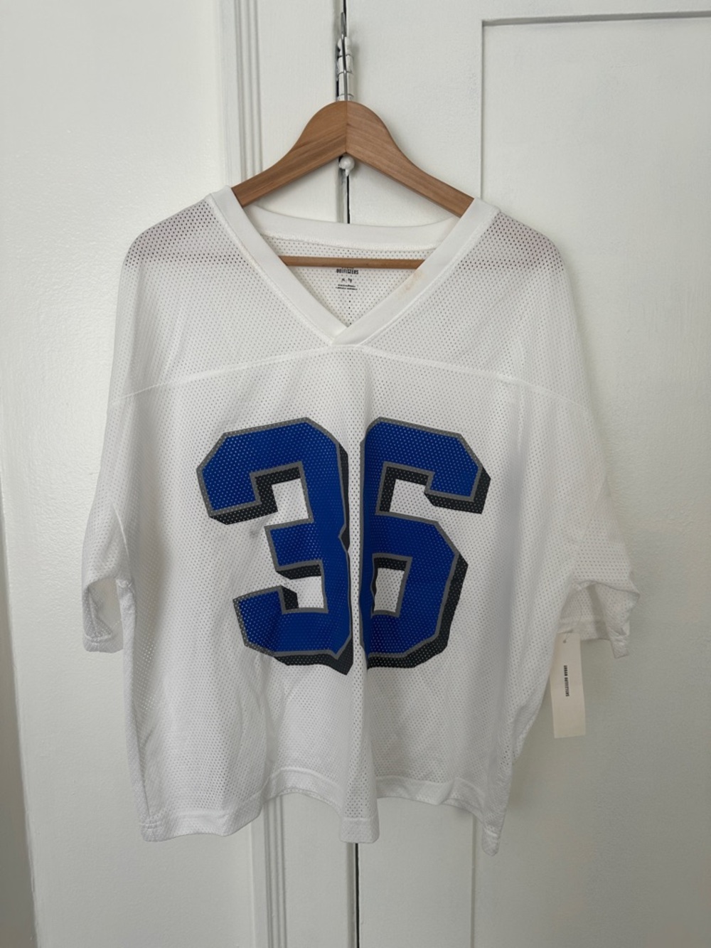 Urban Outfitters White Mesh Jersey Top with Blue '36' Graphic
